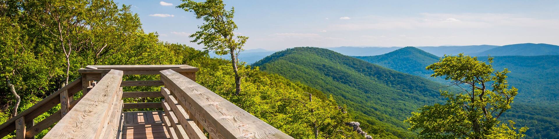 Wooden bridge and view of the Appalachian Mountains from Big Sch