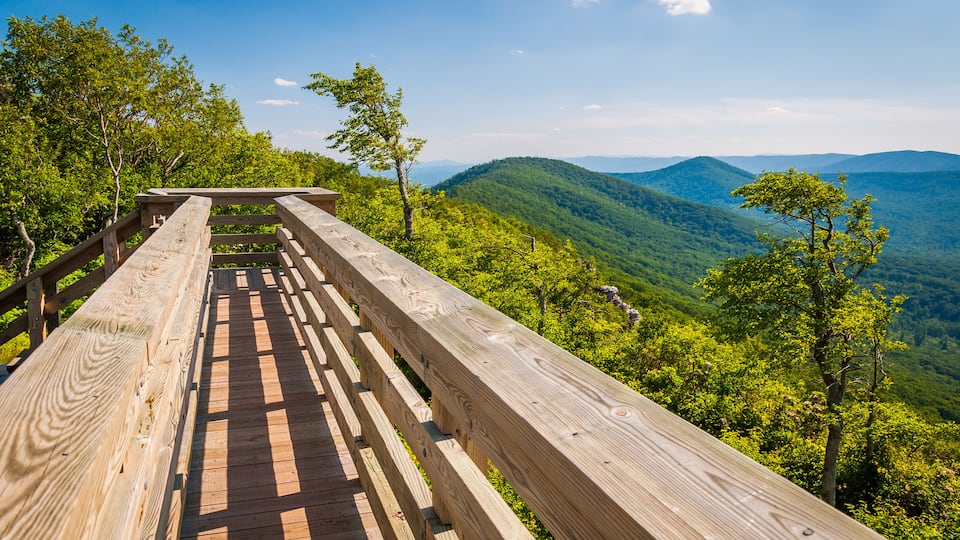 A wooden observation deck overlooking a forested mountain range.