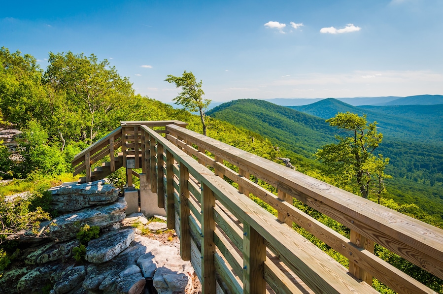 Wooden bridge and view of the Appalachian Mountains from Big Sch