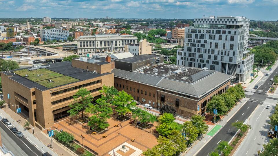 Aerial view of the University of Baltimore campus in downtown Baltimore with Law and Phycology buildings
