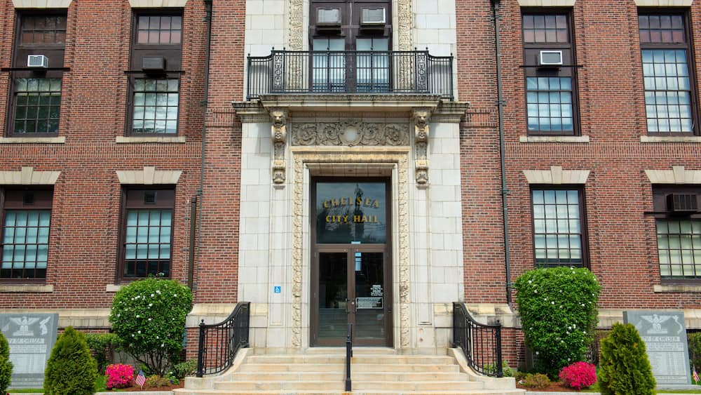 Chelsea City Hall is a historic building modeled after Old Independence Hall in Philadelphia at 500 Broadway in downtown Chelsea, Massachusetts MA, USA.