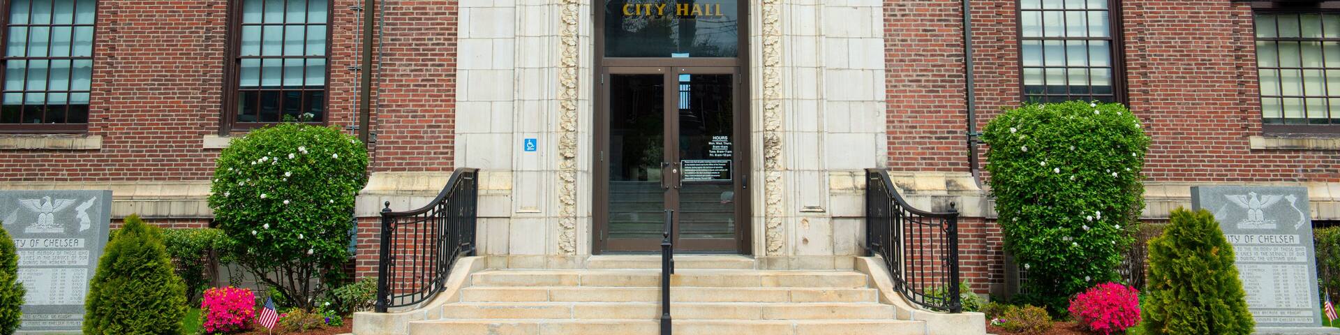 Chelsea City Hall is a historic building modeled after Old Independence Hall in Philadelphia at 500 Broadway in downtown Chelsea, Massachusetts MA, USA.