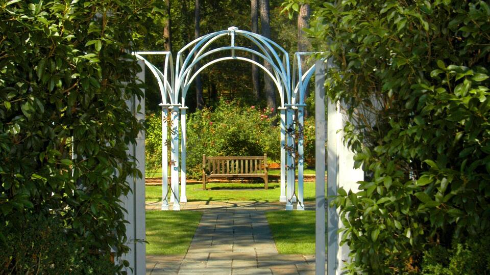 A garden pathway leading to a white archway surrounded by lush greenery.