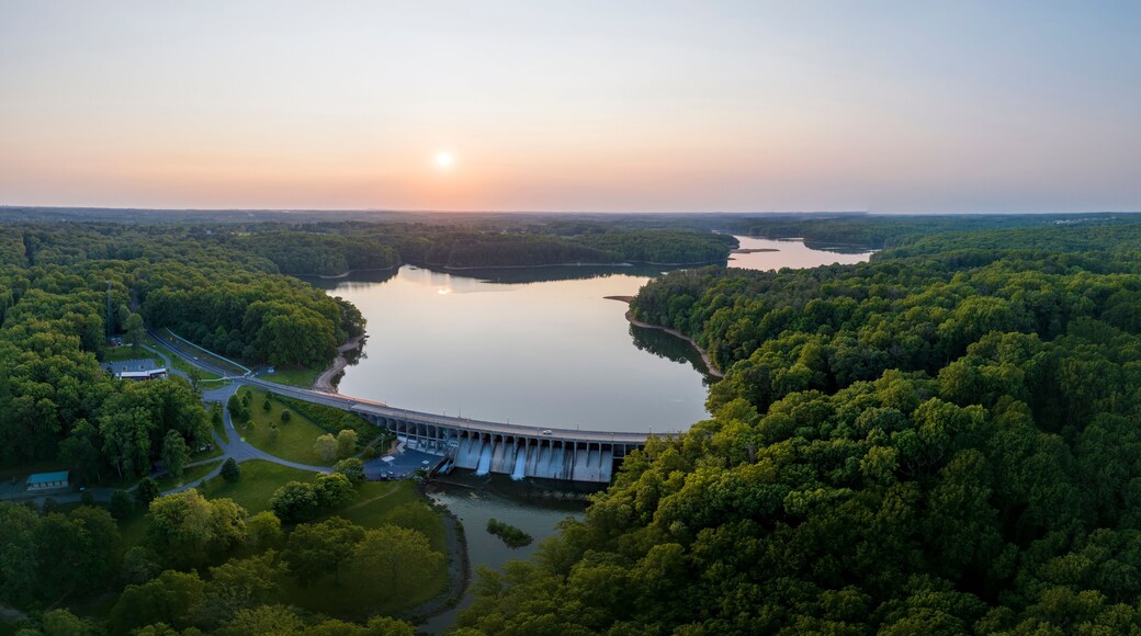 Aerial view of lush woodland surrounding Triadelphia Reservoir, Clarksville, Maryland, United States.