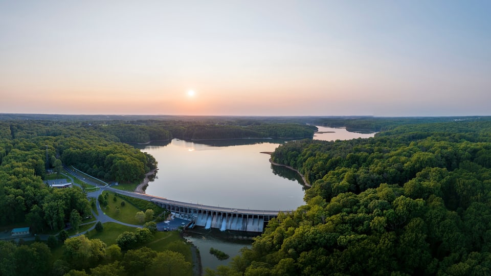 Aerial view of lush woodland surrounding Triadelphia Reservoir, Clarksville, Maryland, United States.