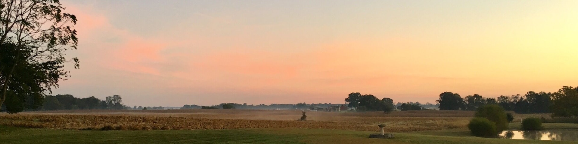 A rural landscape with a field, a small pond, and trees under a sunset sky.