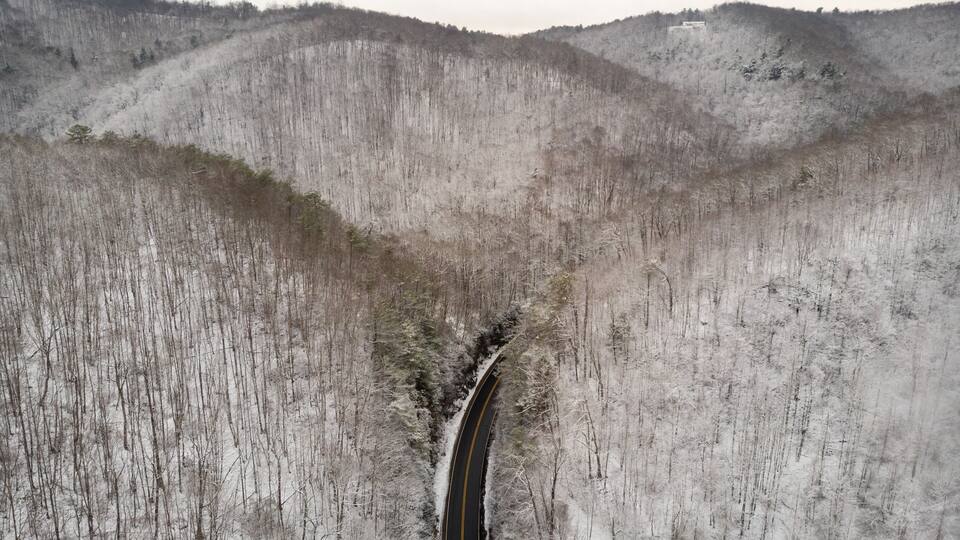 A snow-covered forest with a winding road.