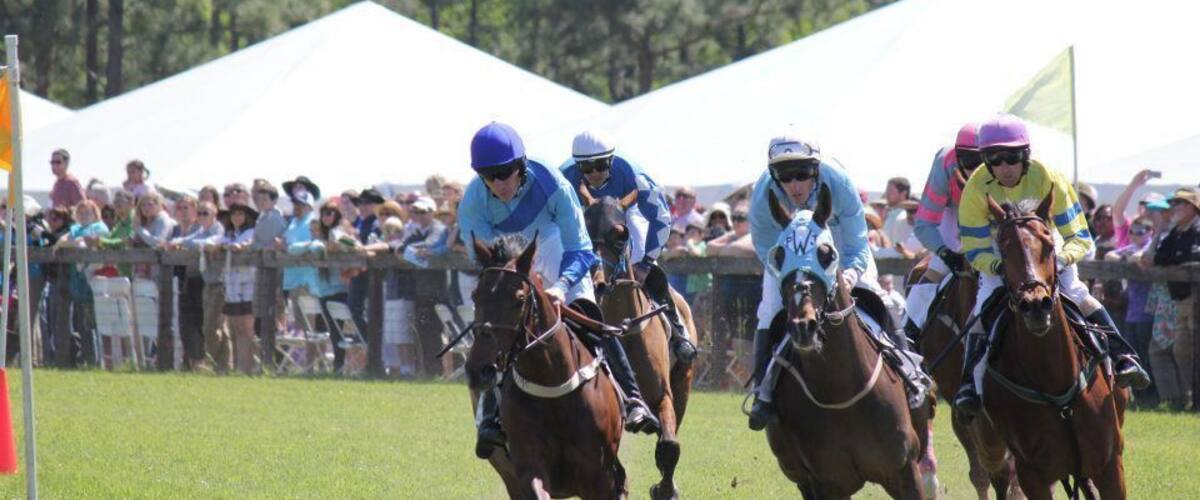 Jockeys on horses racing on a track with spectators in the background.