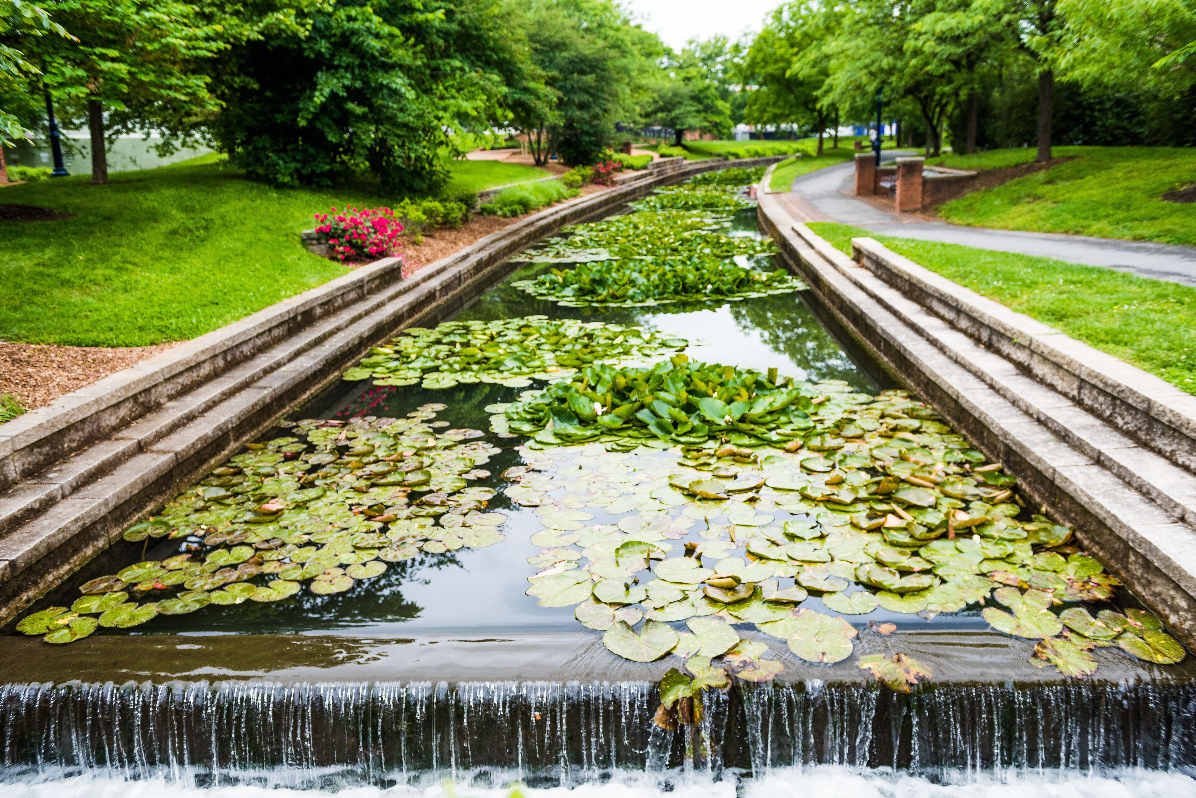 Carroll Creek in Frederick, Maryland city park with canal and fountain waterfall and flowers in summer