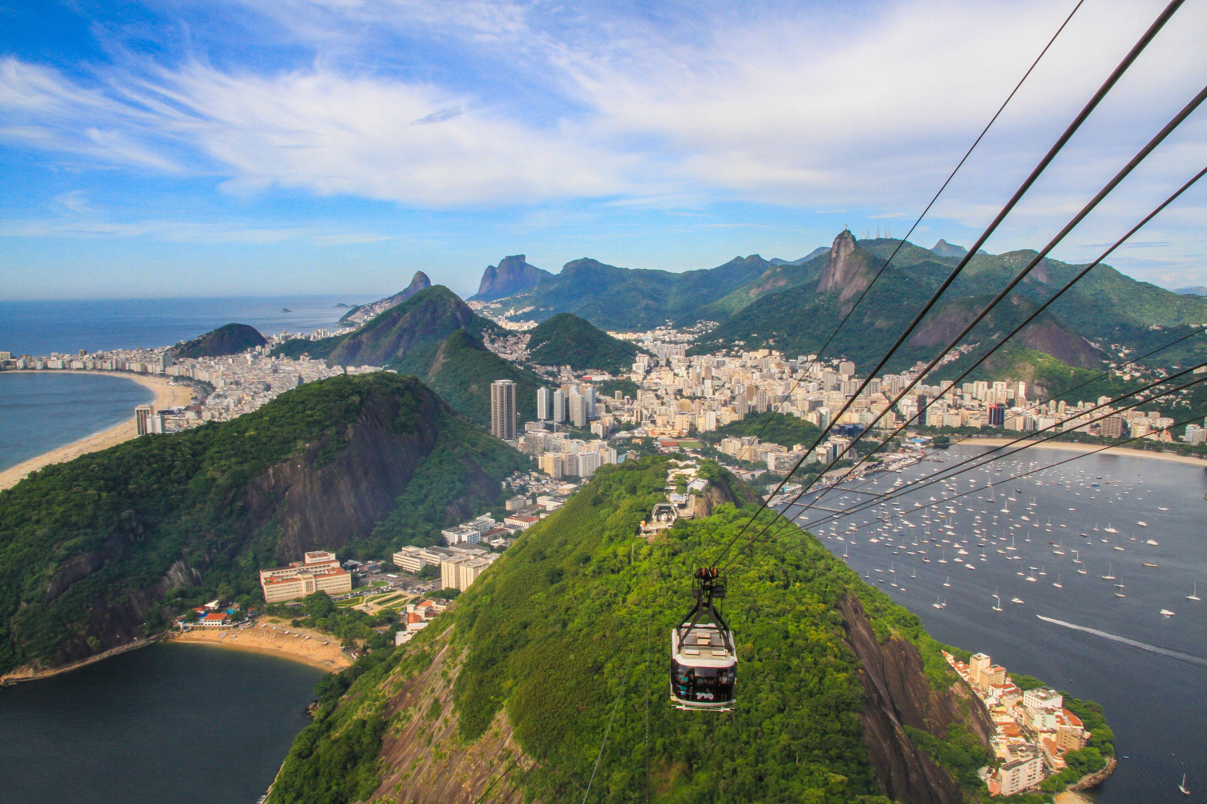 Cityscape of Rio de Janeiro with bays, beaches, cable car and hills