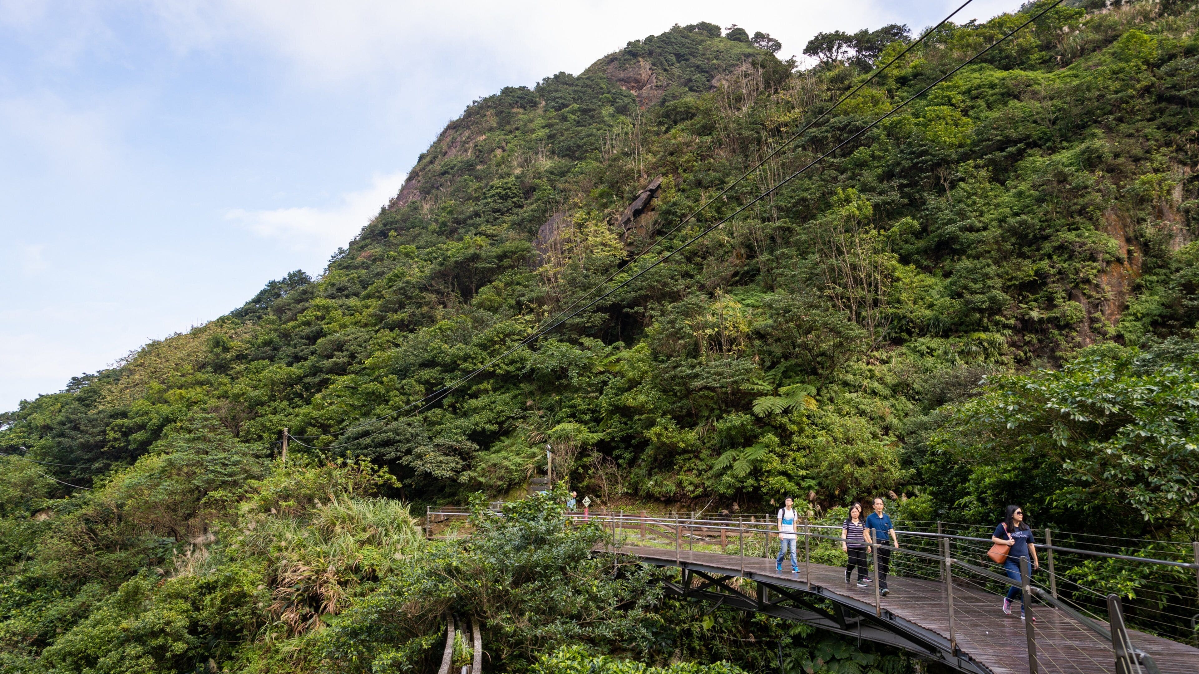 Eine Holzbrücke, auf der Menschen laufen, umgeben von dichtem Grünwald und einem steilen Berg.