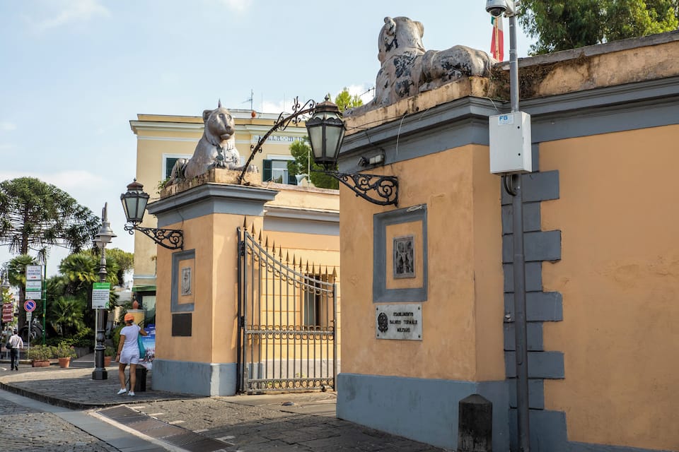 A historic building with a lion statue, a gate, and a street lamp.