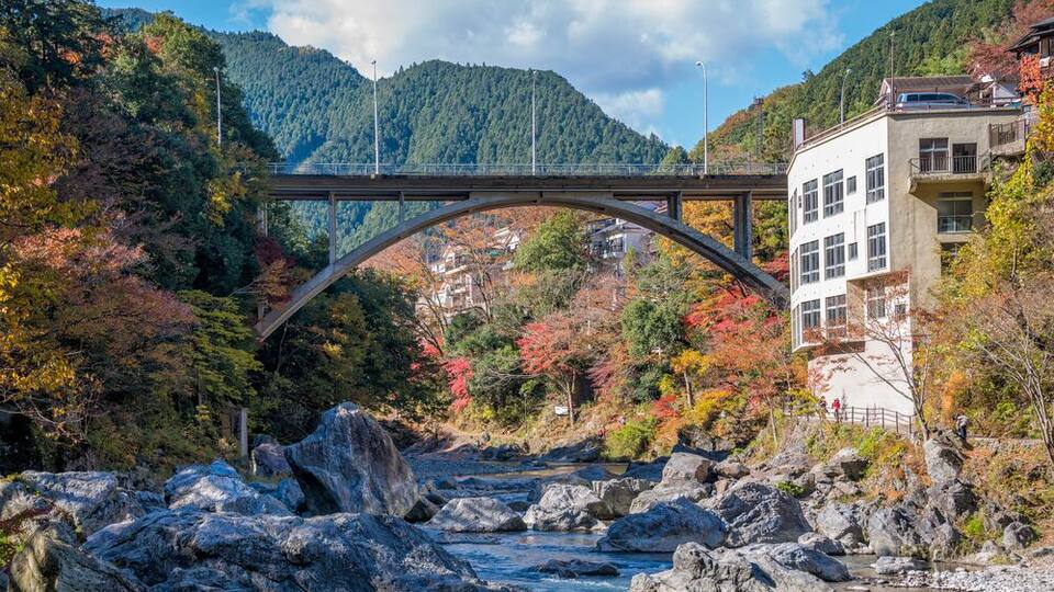Mitake town and Tama river, beautiful small town in autumn season.