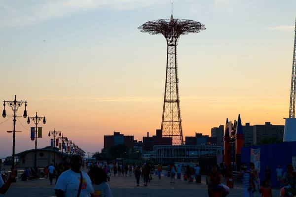 Riegelmann Boardwalk which includes a sunset