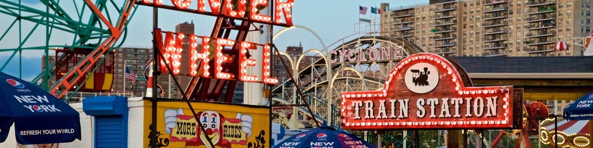 Riegelmann Boardwalk showing rides and signage