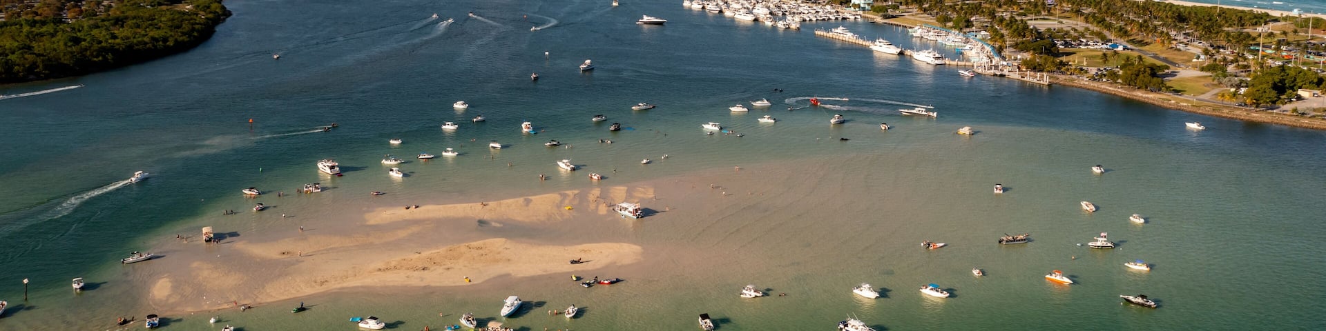 Aerial view low tide at the Haulover sandbar Miami Beach FL