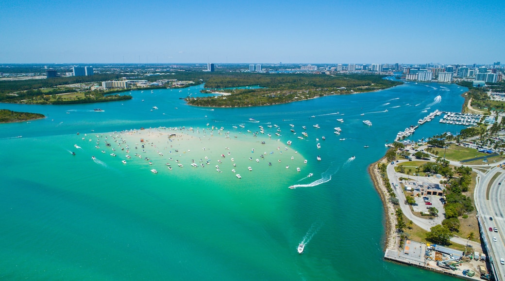 Aerial drone image of Haulover Beach Miami Florida sandbar with boats crowded on the weekend