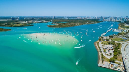 Aerial drone image of Haulover Beach Miami Florida sandbar with boats crowded on the weekend