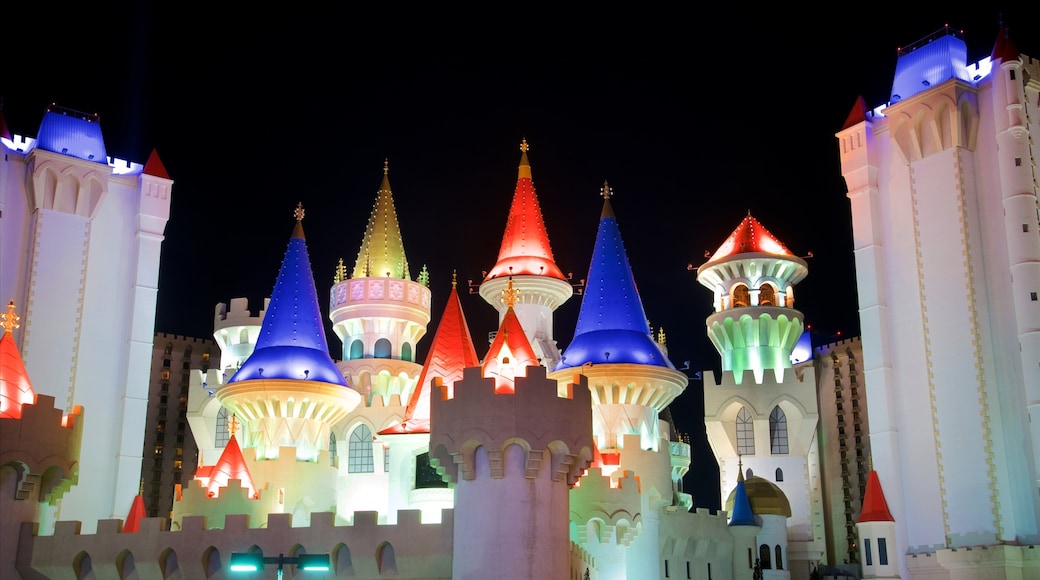 Excalibur Casino featuring night scenes and chateau or palace