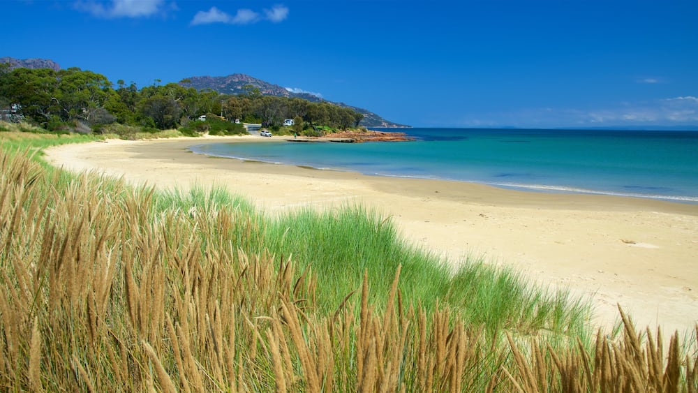 A beach with clear turquoise water, a sandy shore, and a mountain in the background.