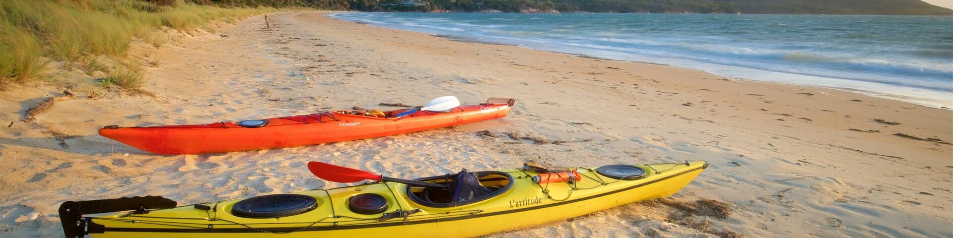 Two kayaks on a sandy beach with a mountain range in the background.