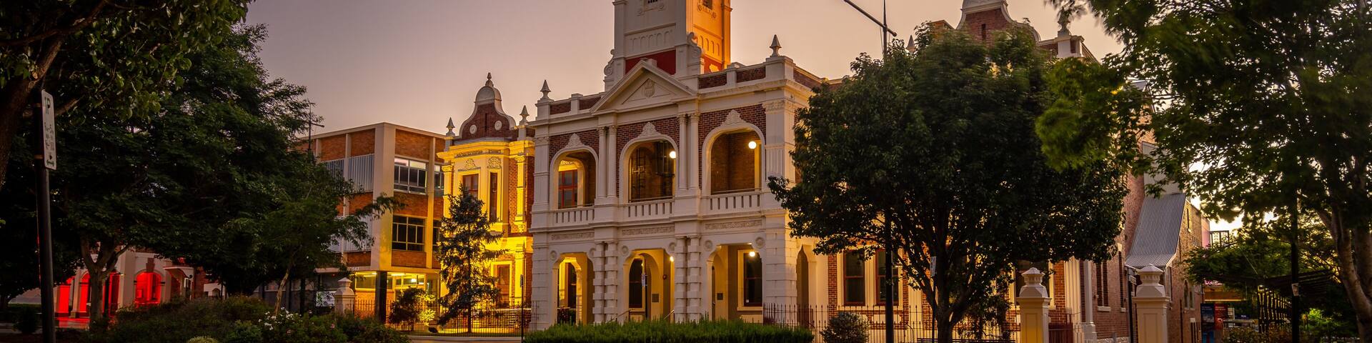 Toowoomba, Queensland, Australia - City Hall building illuminated at night