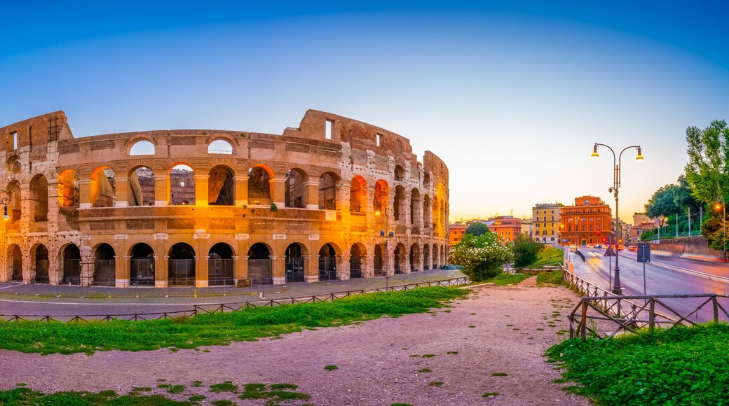 Morning panorama of Colosseum and Constantine arch in Rome, Italy