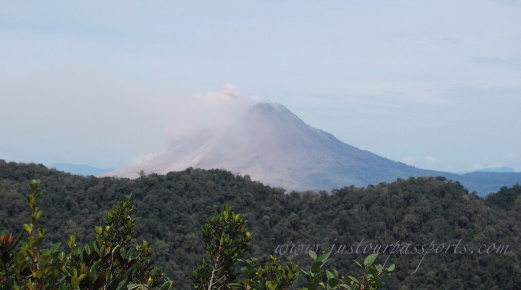 Mt Sinabung erupting in June 2015. The photo was taken from nearby Mt Simbayak, a dormant volcano, outside of Berastagi, Sumatra, Indonesia. The volcano is continuously erupting, and has been for the past few years, so trekking it is clearly not an option -which is something the guidebooks have not updated as far as we could tell since we had no idea it was erupting until we arrived with ash falling everywhere. Tip: ALWAYS google a volcano before you plan to trek it to make sure it has not erupted. Learn from our mistake!