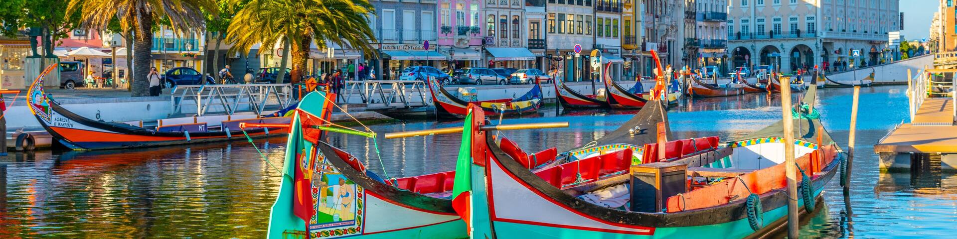Moliceiro boats mooring alongside the central channel at Aveiro, Portugal