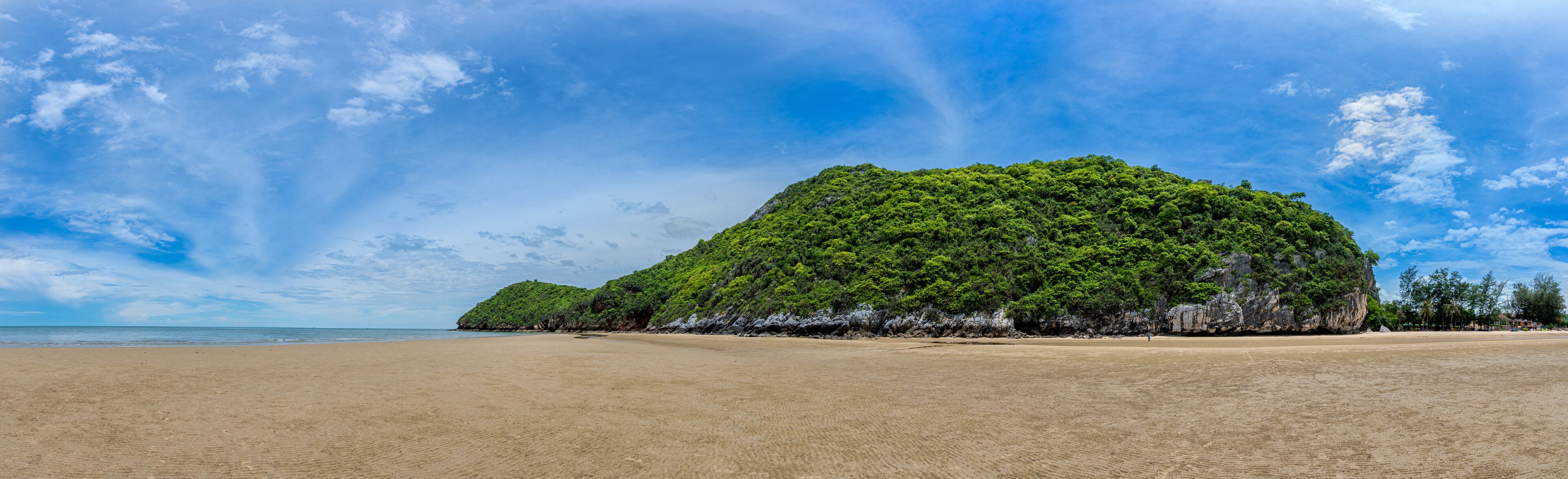 A beach with a large green hill in the background.