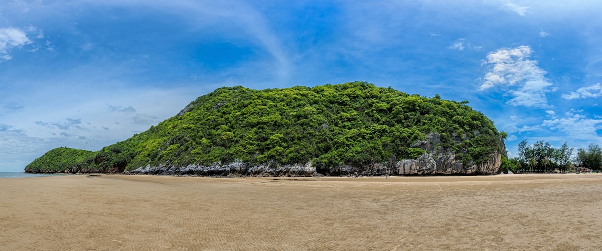 A beach with a large green hill in the background.