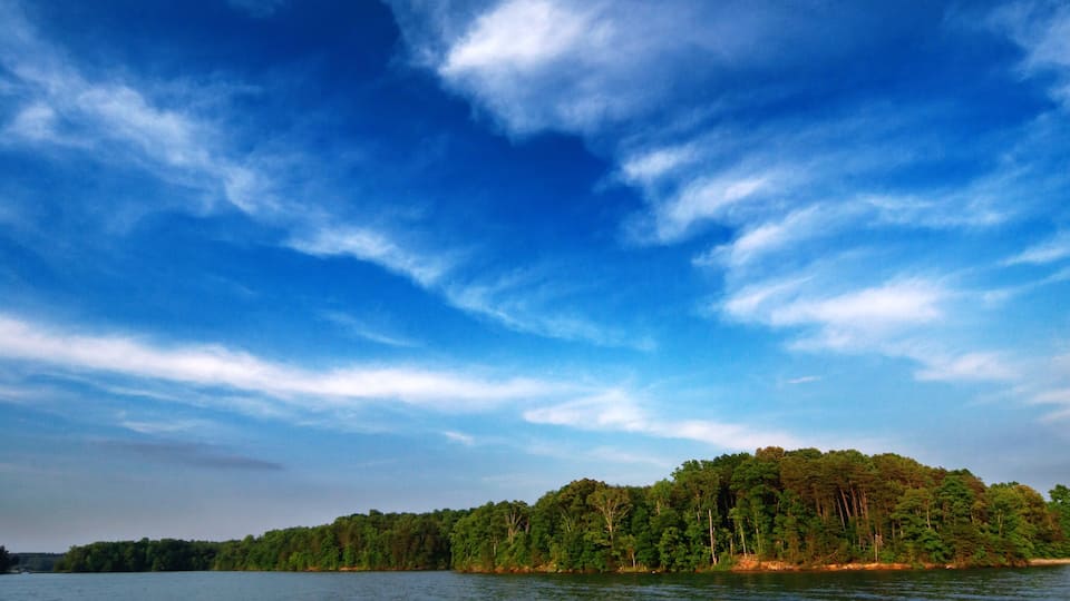 A lake with a forested island and a clear blue sky.