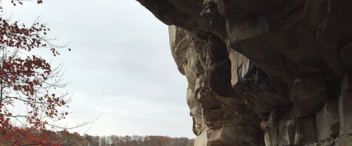 A rocky cliff with a person standing at the edge, a body of water, and autumn-colored trees in the background.