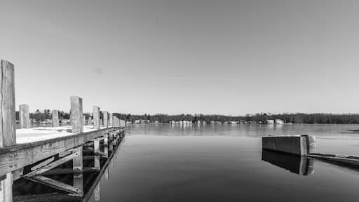 black and white of pier at Chautauqua lake in celeron new york