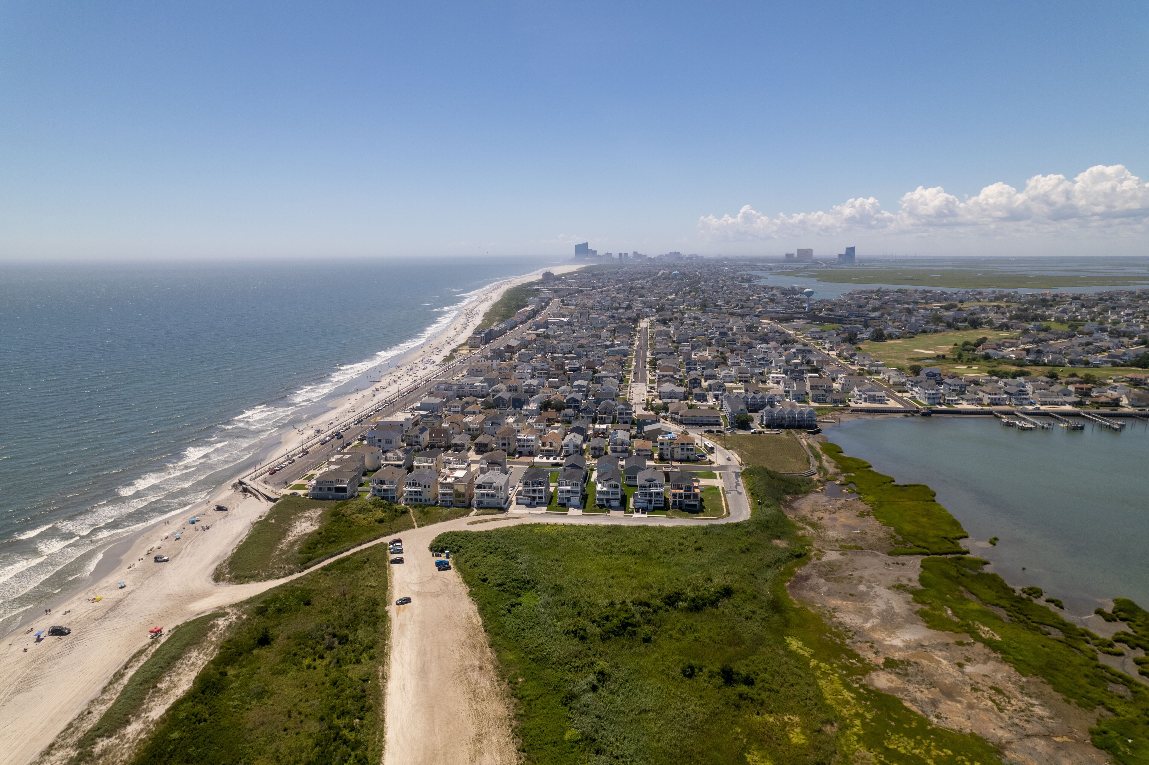 Aerial view of the Brigantine Beach in New Jersey with Atlantic City in the background