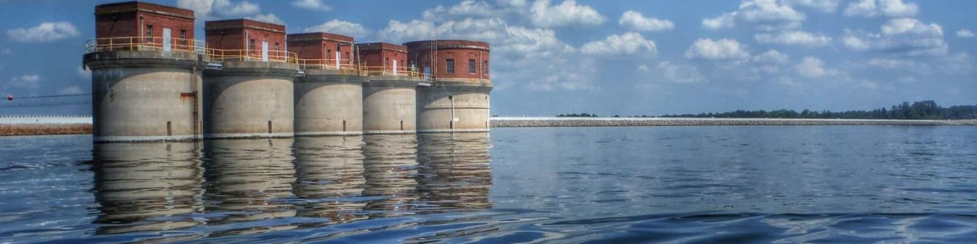 The 5 intake towers at Saluda Shoals Dam on Lake Murray (located Northwest of Columbia, SC). The dam is 1.7 miles long. The dam was the largest earthen dam in the world when completed in 1930 and the largest man-made lake in the world at that time. We live on this lake, about 10 miles by boat from the towers.
http://www.lakemurray-sc.com/
#lakemurray #southcarolina