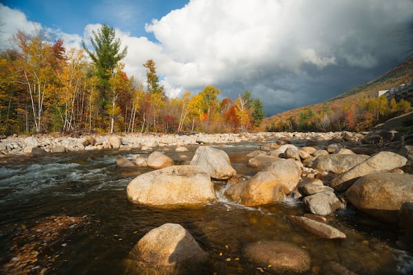 Ein Fluss mit großen Steinen, herbstlich gefärbten Bäumen und einem bewölkten Himmel.