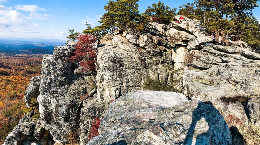 Hanging Rock State Park, North Carolina. cliffs & plateaus, with rock climbing, lake fishing, swimming, camping & hiking. Good views for colorful autumn foliage. gorgeous peak fall color. 360° view.