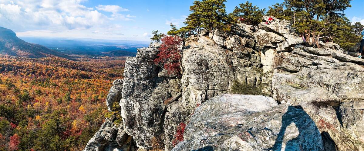 Hanging Rock State Park, North Carolina. cliffs & plateaus, with rock climbing, lake fishing, swimming, camping & hiking. Good views for colorful autumn foliage. gorgeous peak fall color. 360° view.