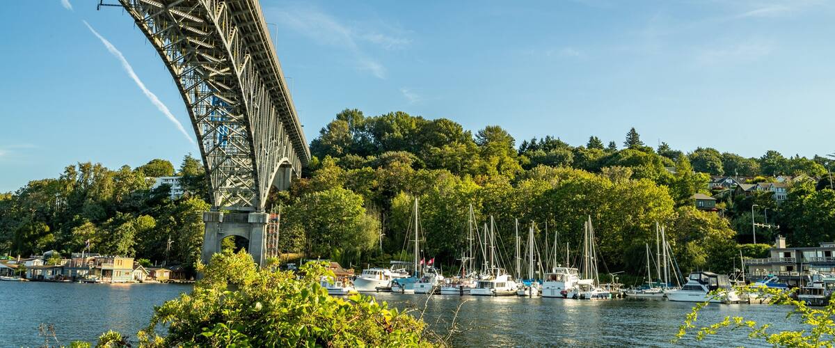 Lake Union showing a bay or harbor and a bridge