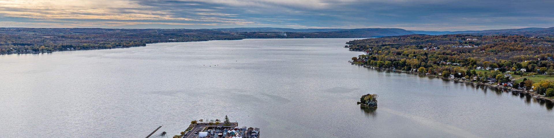 Canandaigua, NY, USA - October 17, 2025: Aerial photo over Canandaigua City Pier, Downtown Canandaigua New York