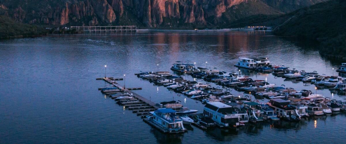 Saguaro Lake featuring a bay or harbor, night scenes and landscape views