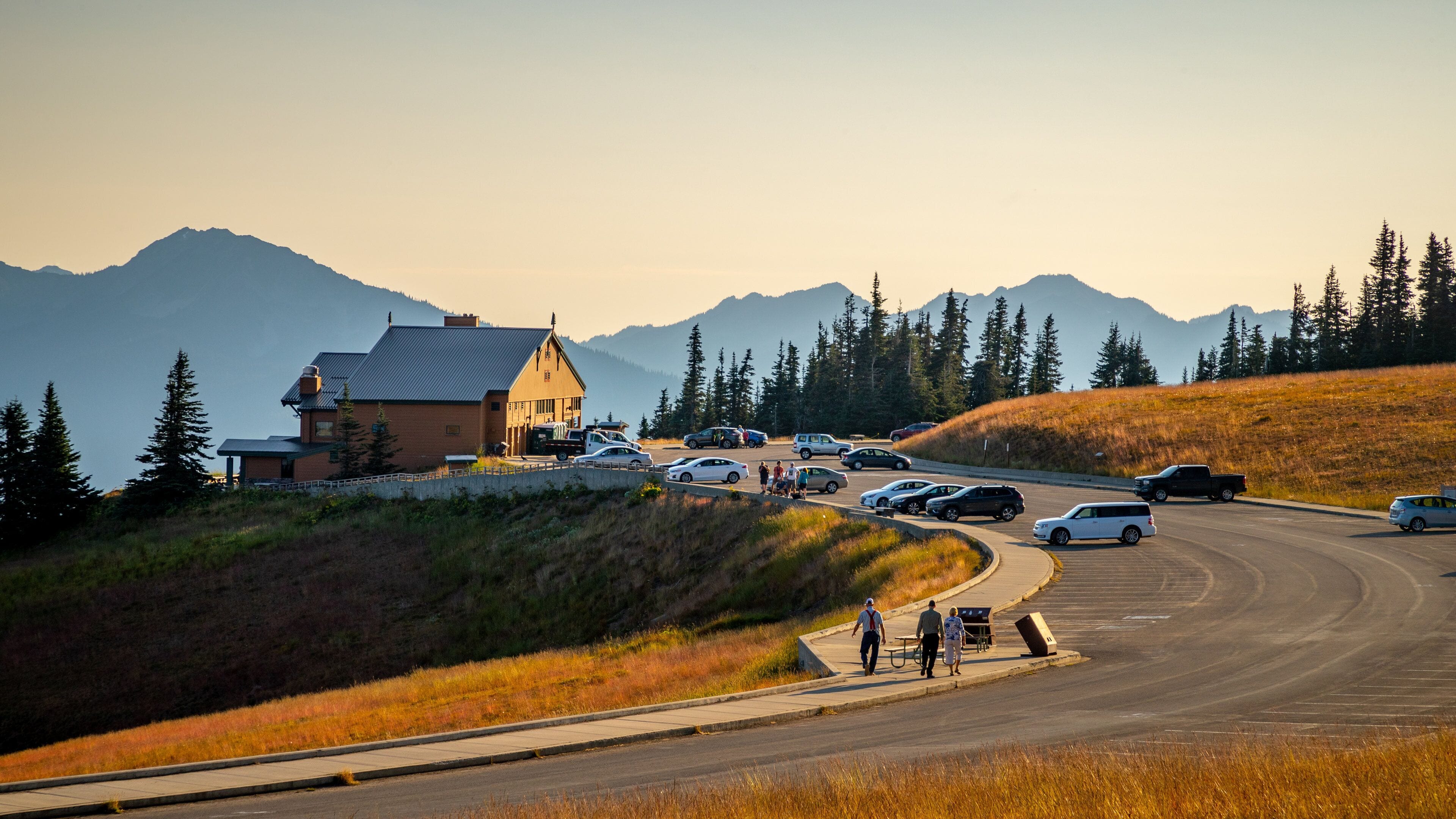 Hurricane Ridge featuring tranquil scenes and a sunset as well as a small group of people