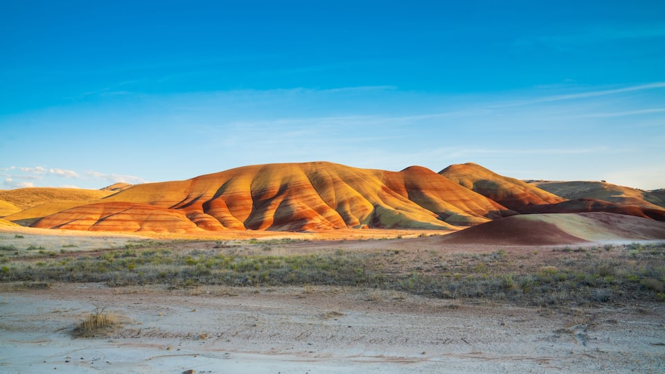 Rolling hills with distinct color bands, a clear blue sky, and sparse vegetation.
