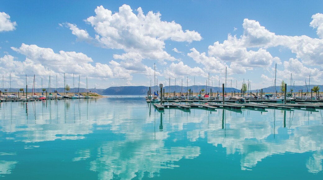 The water in Utah's Bear Lake is an impossible shade of turquoise blue. It's been nicknamed the "Caribbean of the Rockies" because of its beautiful color, a result of limestone deposits in the water. #utah #bearlake #blue