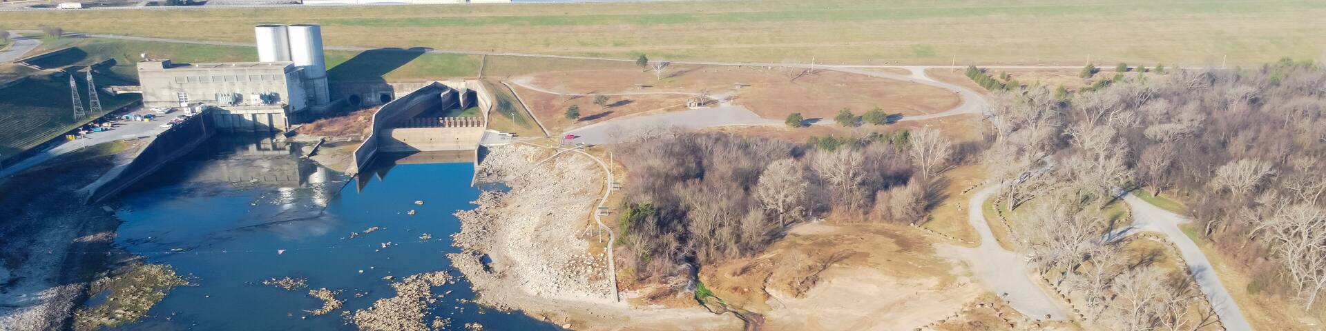 Panoramic top view Denison Dam low in water located on the Red River between Texas and Oklahoma