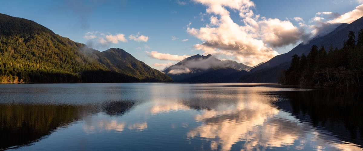 A calm lake reflecting mountains and a partly cloudy sky.