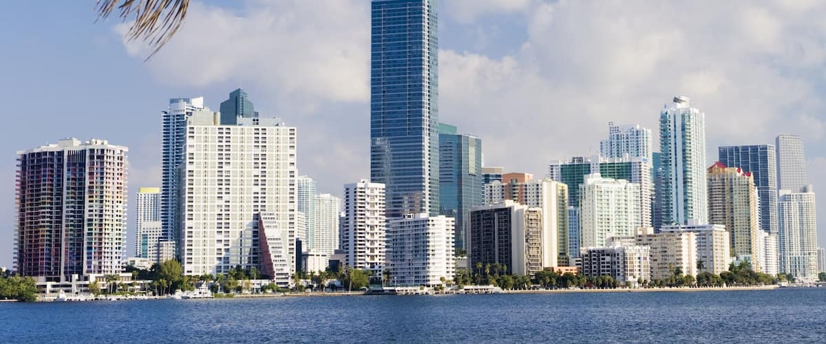 Brickell and downtown Miami skyline, Florida, USA. View across Biscayne Bay