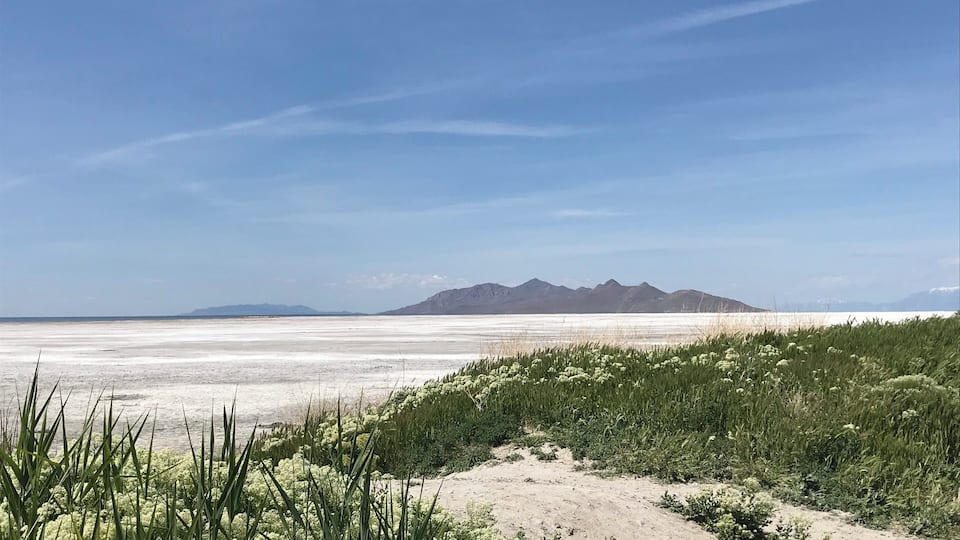 A coastal landscape with a clear sky, a sandy beach, and distant mountains.