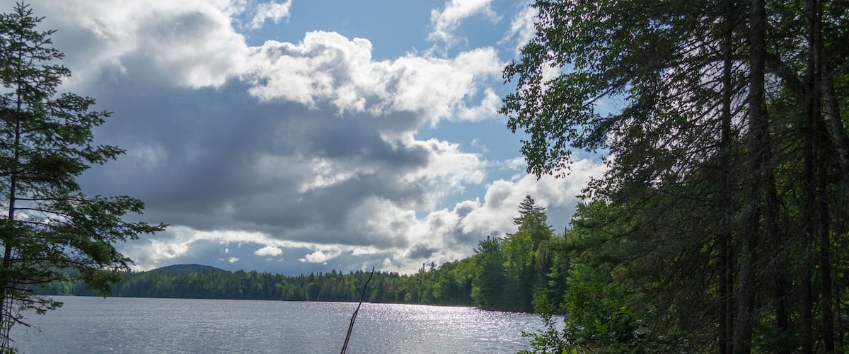 En sjö med kanoter och kajaker vid stranden, omgiven av träd och en molnig himmel.